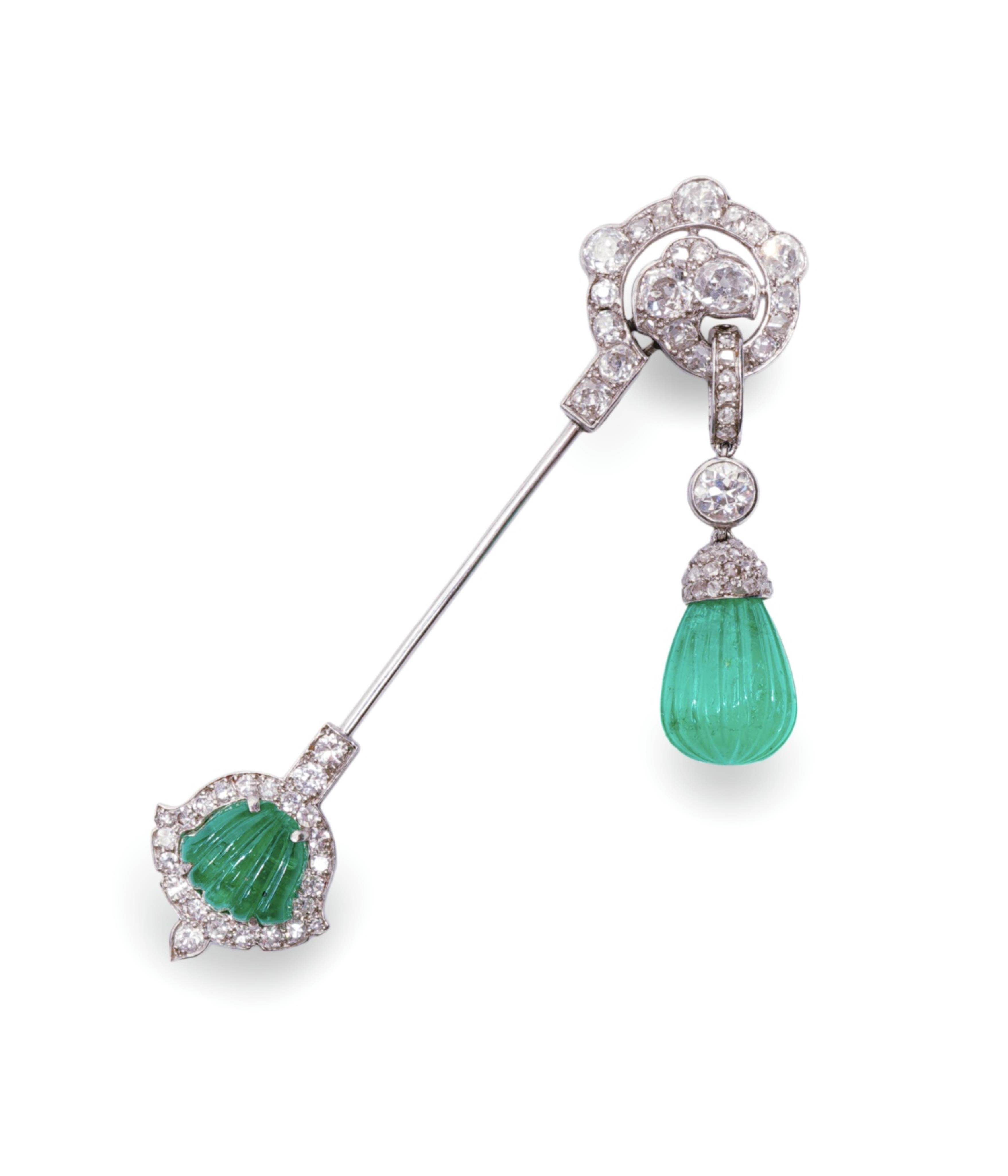 A fine Art Deco carved emerald and diamond jabot pin, circa 1925